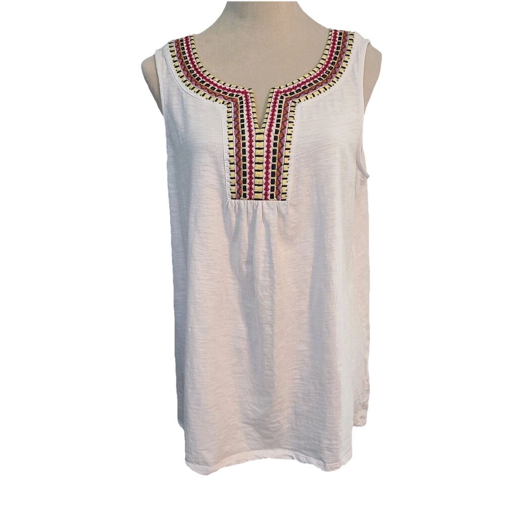 RAFAELLA White Slub Cotton Embroidered Tank Top L Boho Tribal Ethnic Beaded